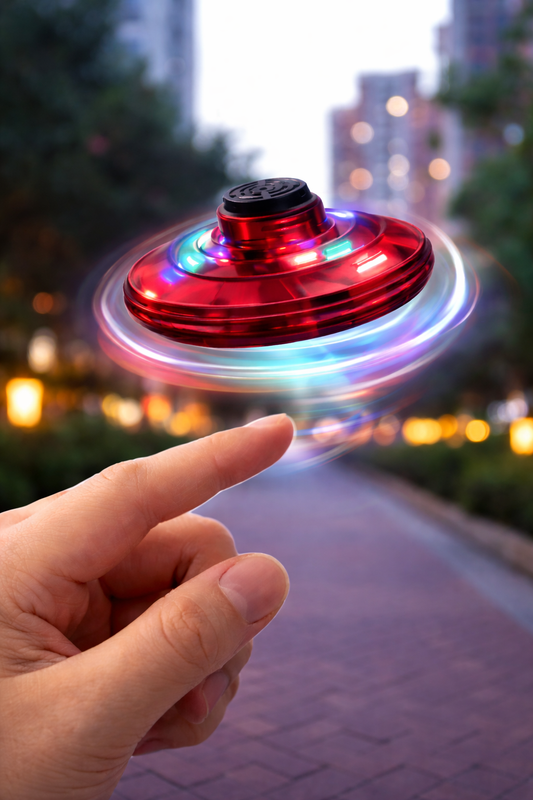 Hand holding a glowing LED flying orb spinner toy at night